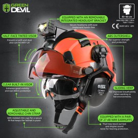 GREEN DEVIL Hard Hat Safety Helmet with Rechargeable Headlamp Light and Visor Ear Muffs Vented Work Hardhat ANSI Z89.1 Cascos De Construccion for Industrial Construction Forestry