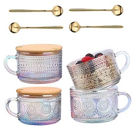 DONGSHANGIFT Vintage Glass Coffee Mugs Set,Clear Embossed Glass Tea Cups with Bamboo Lids and Spoons, Cute Coffee Bar Accessories, for Cappuccino, Latte, Overnight Oats, Cereal,Yogurt,Gift (4Rainbow)