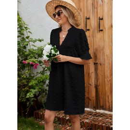 QACOHU Dresses for Women Ruffle Sleeves V-Neck Straight Fit Dress Casual Chiffon Swiss dots Mini Dress Black XXL