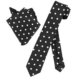 Vesuvio Napoli Black w/White Polka Dots Skinny Neck Tie Handkerchief Matching Tie Set