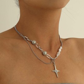 YienDoo North Star Pearl Necklace Choker Asymmetric Pearl Necklace Silver Paper Clip Chain North Star Pendant Chunky Chain Statement Shaped Pearls Nightclub Necklace Jewelry for Women, Metal, No