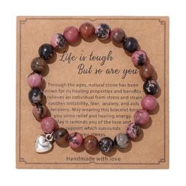 Natural Stone Heart Amethyst Bracelet Life is Tough But So are You Inspirational Gifts 8MM Crystal Yoga Beads Stretchy Healing Gift Jewelry -B