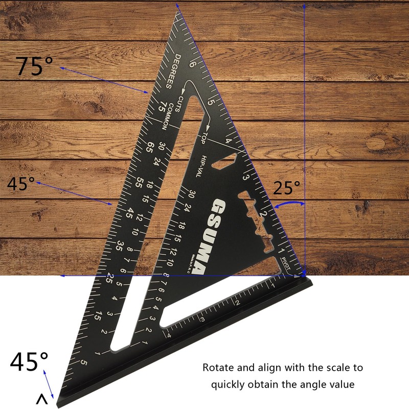 GSUMA 7 Inch Carpenter Square,Rafter Square,Aluminum Alloy Triangle Ruler,Layout Measuring