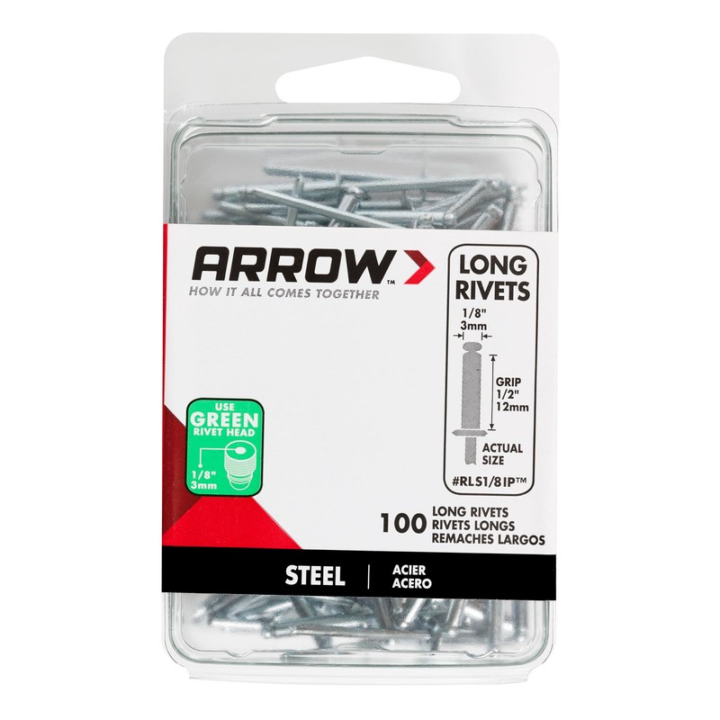Arrow RLS1/8IP Long Steel 1/8-Inch Pop Rivets for Metal, Fabric,