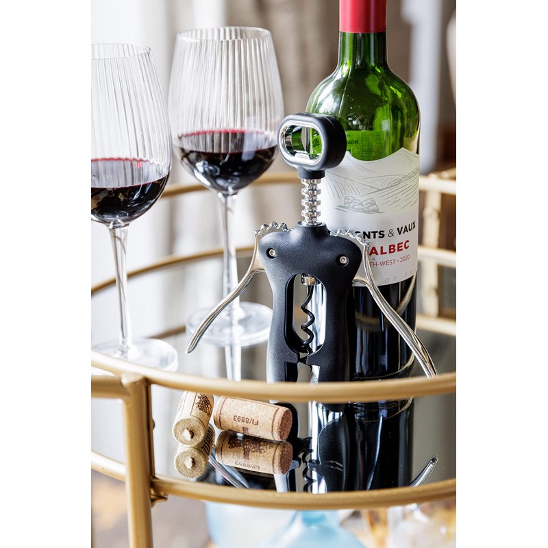 BarCraft Double Handled Winged Corkscrew, Black, Carded, BCSCREWWING, Silver