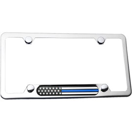 Stainless Steel Chrome License Plate Frame American Flag (Chrome with Thin Blue Line)