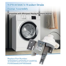 Replacement Washer Drain Pump Part# WPW10581874 W10581874 Fits For Whirlpool Maytag Kenmore Washing Machine,Replaces AP5949627,3449735,PS10056668,EAP10056668 etc. ﻿