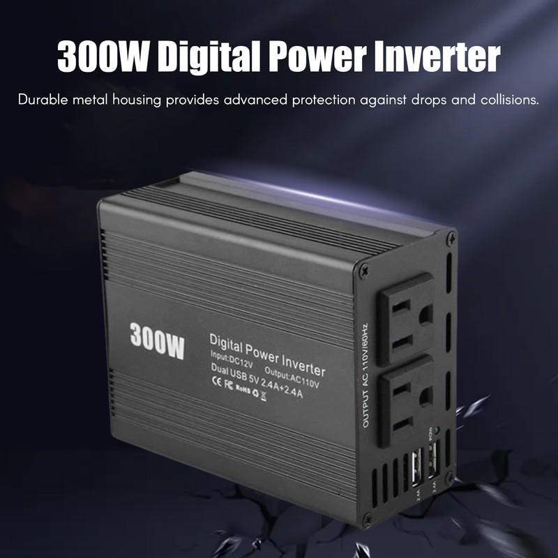 300W Digital Power Inverter Dual-USB-Port DC 12V to AC 110V