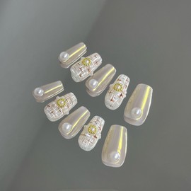 Handmade Nail Tips Medium Coffin 3D Popular Nails Pearl Beige French Nail Tips Summer Simple False Nail Tips 10 Pieces with Storage Box Included