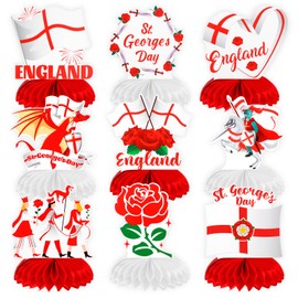 DPKOW St Georges Day Decorations, 9pcs St. George's Day Party Honeycomb Centrepiece St Georges Flag Tudor Rose, St. George's Day Party Table Decorations England Party Supplies