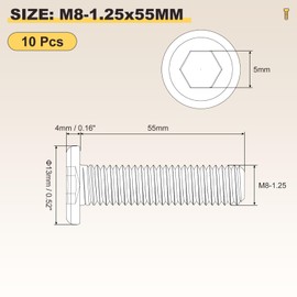 METALLIXITY Flat Head Hex Socket Cap Screws Bolts(M8-1.25x55) 10Pcs, Steel Hex Socket Furniture Bolts Countersunk Screws - for Furniture Woodworking Project, Black