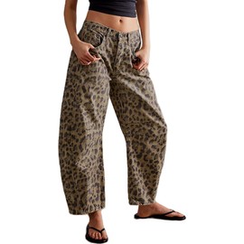 Leopard Barrel Cheetah Print Baggy Boyfriend Jeans - Vintage Mid Rise Wide Leg Tapered Denim Pants