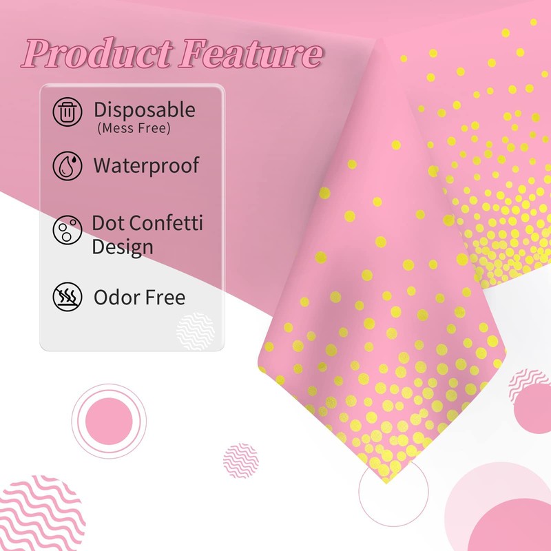 2Pcs Disposable Pink and Gold Dot Confetti Party Table Cloth