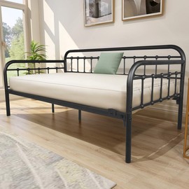HOMERECOMMEND Metal Daybed Frame Heavy Duty Metal Slats Sofa Bed Platform Mattress Foundation Twin Day Bed Black Sanded Color