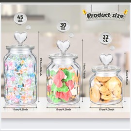 Heart Jars with Lids Set of 3 Clear Cute Heart Shaped Candy Jars 22 32 45 oz Food Storage Glass Cookie Jars with Lids Cute containers for Kitchen Decorative Apothecary Canisters (Heart Jars 02)