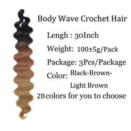 30 Inch Body Wave Crochet Hair 3 Packs Synthetic Curly Braiding Hair Ocean Wave Twist Crochet Braids French Curl Crochet Braids Wavy Braiding Hair Extensions(30",Black-Dark Brown -Light Brown)