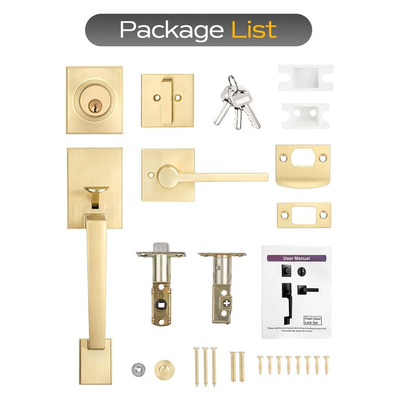 EHOMEWARE Gold Front Door Handle Set, Brass Heavy Duty Square