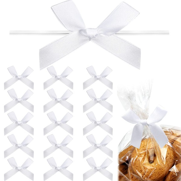Gejoy 100 Pieces Mini Satin Ribbon Twist Tie Bows DIY Twist Bow Crafts Tying Up for Halloween Christmas Wedding Gift Wrapping Candy Treat Bags Decoration (White)
