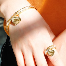 JINHUI Eternity Band Ring for Women, Forever Love Promise Ring, Cubic Zirconia Wedding Band Engagement Ring with Dangling Heart Charm (Gold, 9)