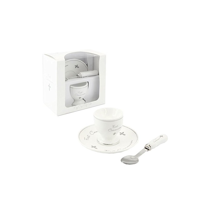 White & Silver Fine China 'First Communion' Egg Cup, Plate