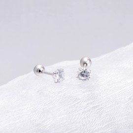 5MM Round Cubic Zirconia Studs Screw Backs Sterling Silver Earrings for Women, Diamond White
