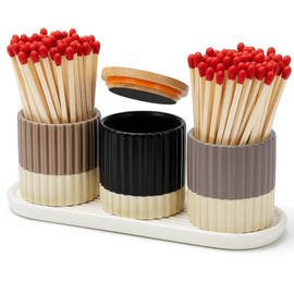 Ceramic Match Holder Set with Striker for Home Decor: 3 Ceramic Holders, Bamboo Cover with Striker, Ceramic Tray 8 Striker Stickers, Great Mantel Candles Decorations Gift (Matches Not Included)