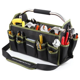 16 In Electrician Tool Bag, Foldable Tool Bags For Men Heavy Duty, Open Top Tool Tote, 30 Pockets Can Hold Many Tools, Tool Bag Organizer Stainless Steel Handle and Removable Shoulder Strap (Green)