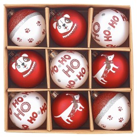 DecorbyHannah Christmas Ornaments, Red White Christmas Tree Decorations, 9ct 60mm Shatterproof Hanging Pet Dog Theme Christmas Ball Ornaments for Tree, Home Indoor Party Decor