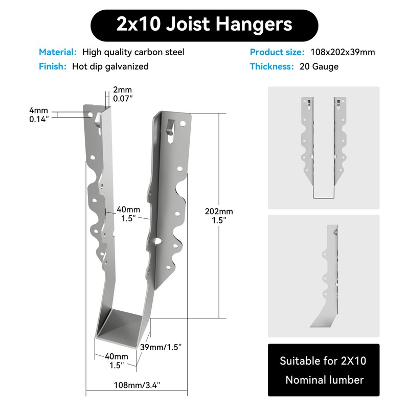Herbert-fty 2X10 Joist Hanger 20 Gauge LU210 Galvanizing Face Mount