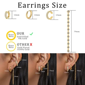 4 Pairs 14k Gold Plated Dangle Earrings - Gold Hoop Earrings for Women - Dainty Huggie Stacks, Hypoallergenic Cute Cartilage Studs, Trendy Fashion Jewelry (4 Pairs Sets B)