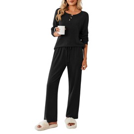 Ekouaer Womens Pajama Set Long Sleeve Top and Pants Winter Pjs Sets Ladies Soft Sleepwear Loungewear, Black, S