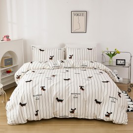 Cozaline Cute Dachshund Duvet Cover Twin Size 100% Cotton Duvet Cover Brown Striped Dog Printed Anime Bedding Set for Boys Girls 3 Pcs Soft Breathable Comforter Cover with Zipper Closure