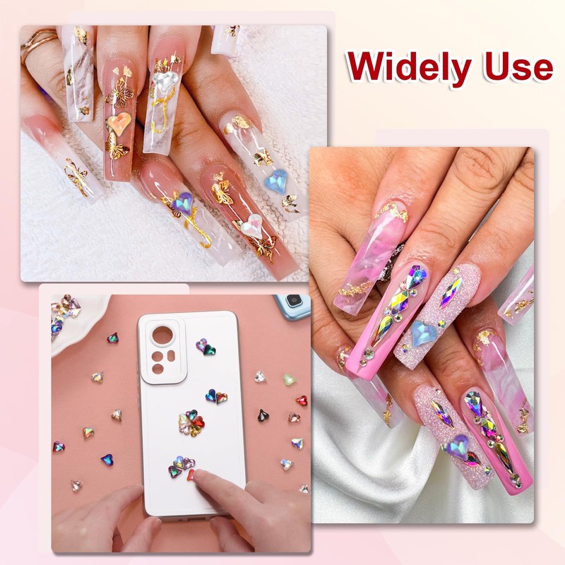 MECCANIXITY 50 Pcs 3D Heart Nail Charm Crystals Nail Gems