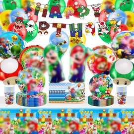 Geburtstagsdeko Partygeschirr Set - 80 Stück Pappteller Kindergeburtstag Cartoon Partygeschirr, Party Tableware Supplies Kit mit Banner Luftballons Tortendeko Servietten Teller für Kinder