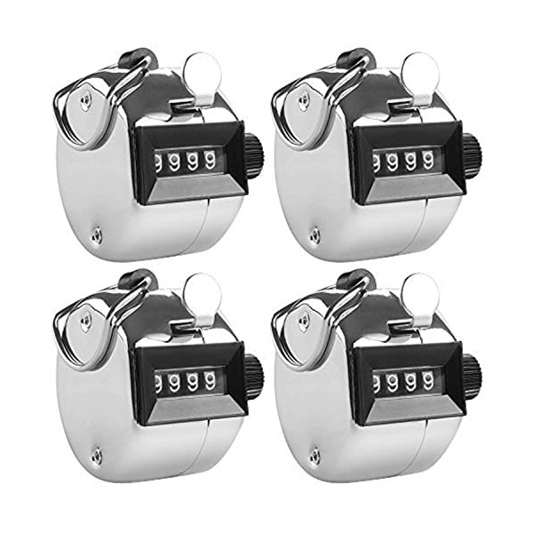 AFUNTA 4 Digit Hand Tally Counters, 4 Pack Mechanical Lap Tracker Manual Clicker with Metal Finger Ring Hoop Holder - Silver