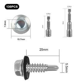 130 Pcs M5.5x25mm Roofing Screws, Hex Washer Head Self Drilling Screws for Metal, Sheet to Timber Roofing Screws with Washers, TEK Screws, Hex Head Timber Screws for Wood Corrugated Roof Fixings