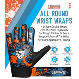 LUMAZU Youth Soccer Goalkeeper Gloves Kids Adult (Blue, Size 5 suitable for 9 to 12 Years Old)