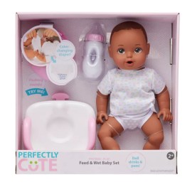 Perfectly Cute Feed & Wet 14" Baby Set - Dark Brunette with Brown Eyes Brand New