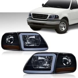 Lightning Style Headlights LED DRL Strip Compatible with 1997-2002 Ford Expedition/1997-2004 F150 /1997-1999 F250 Headlamps Smoke Lens Black Housing Amber Reflector