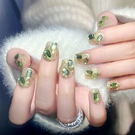 RikView Square Press on Nails Short Fake Nails Green Nails with 3D Rhinestones Glossy Full Cover Nails for Women 24 PCs/Set