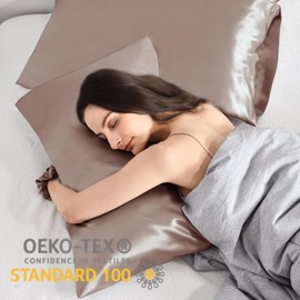 Vielit 2 Pack Satin Pillowcase for Hair and Skin,Soft as Silk Pillowcases for Hair and Skin,Easier Care than Silk Pillow Case Braun Pillowcases 50x75cm Gifts for Women Envelope & 2 Scrunchies