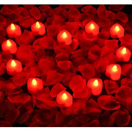 1000pcs Artificial Rose Petals with 12pcs LED Tea Lights Kit, for Decoration(1000pcs Red Petals + 12pcs Red Lights)