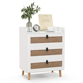 Giantex Rattan Nightstand, Boho 3-Drawer Dresser with 4 Solid Wood Legs, 29.5" Wood Bedside Table for Small Space, Modern Accent Side Table Chest of Drawers for Bedroom, White