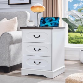 LIDYUK White Wood Dresser for Bedroom Farmhouse 3 Drawer Dresser Wooden Chest of Drawers Nightstand with Charging Station for Bedroom, Closet Organizer and Storage Cabinet for Hallway & Living Room