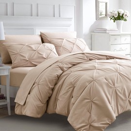 Ubauba 7pc Beige Comforter Set Full Size, 7 Piece Pintuck Bed in a Bag Ivory with Comforters and Sheets, Off White Pinched Pleat Bedding Comforters & Sets (Cream, Full)