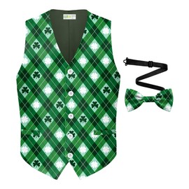 Arvilhill St Patricks Day Vest for Men Bow Tie Shirt 3 Leaf Clover Irish Suit Shamrock Waistcoat Green M