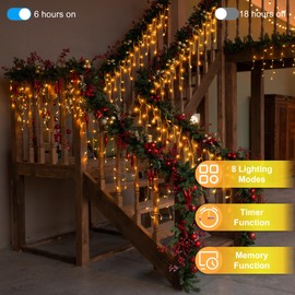 1296 LED Christmas Lights with 288 Drops, 131ft Christmas String Lights with 8 Modes, Waterproof Outdoor Decorations Fairy Lights with Timer Memory for Xmas Party Patio Window Fence Tree Warm White