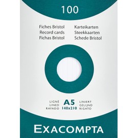 Exacompta - Ref 13808B - Bristol Ruled Record Card (Pack of 100) - A5 in Size, 205gsm Card, Compatible with Printers - Suitable for Exam Revision & Notes - White