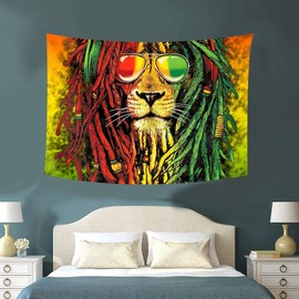 Simsant Rasta Rastafarian Tapestry Lion Head Bob Tapestry Wall Hanging Backdrop for Living Room Bedroom Dorm Psychedelic Decor Tapestry (60"x40")