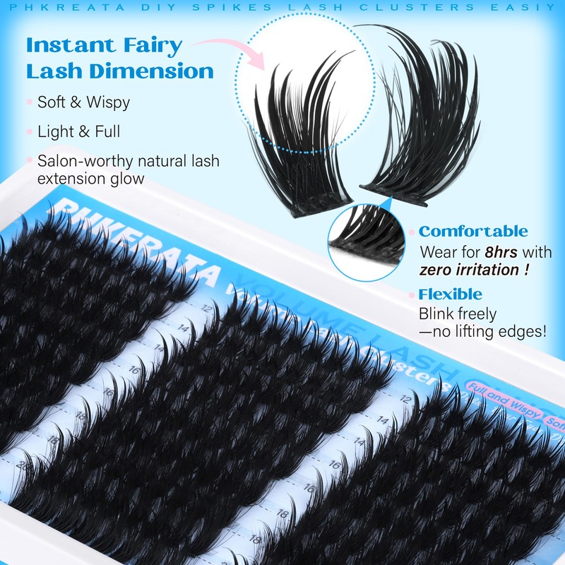 PHKERATA Lash Clusters Wispy Clusters Eyelash Extensions 12-20mm Fairy Eyelash